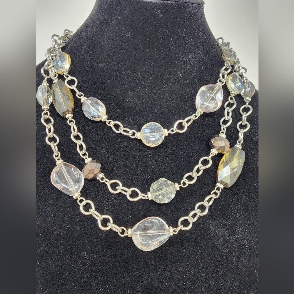 Vintage Triple Strand Beaded Necklace Gift Green Clear Beads 22 Inches Necklace‎